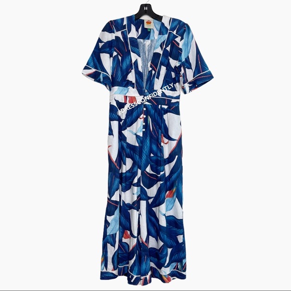 Farm Rio Blue Palm Tailored Wide Leg Linen Jumpsuit - Picture 4 of 9